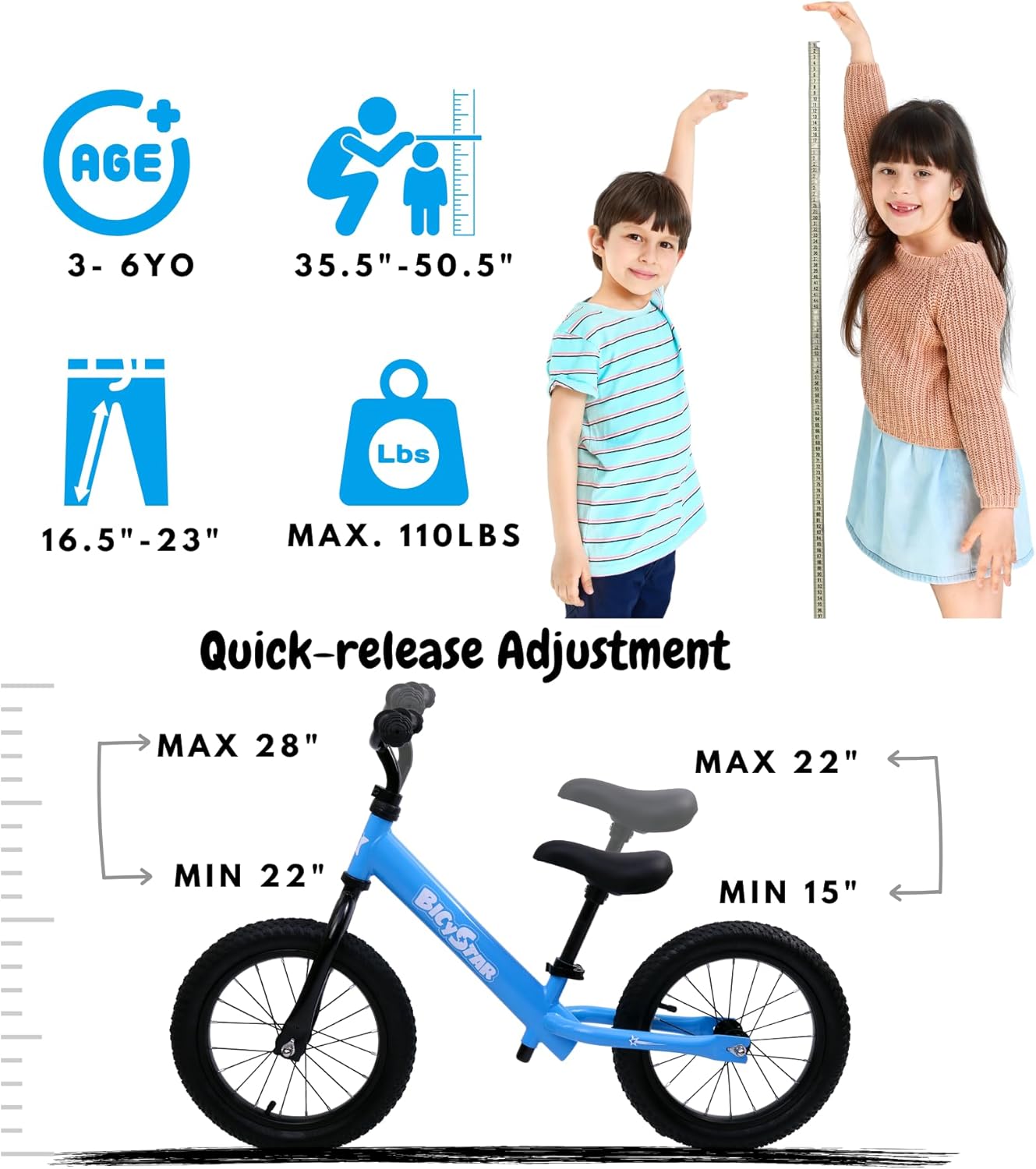 14 Inch Balance Bike for Kids 3-6 Year Old, No Pedals, Air Rubber Tires, Adjustable Height, Pedalless Bicycle for Boys, Girls, Blue